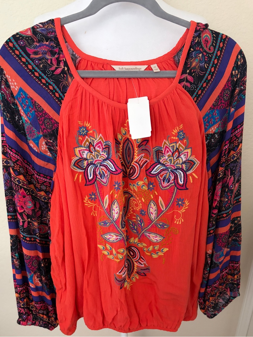 Soft Surroundings Coral Embroidered Boho Blouse with Multicolor Sleeves